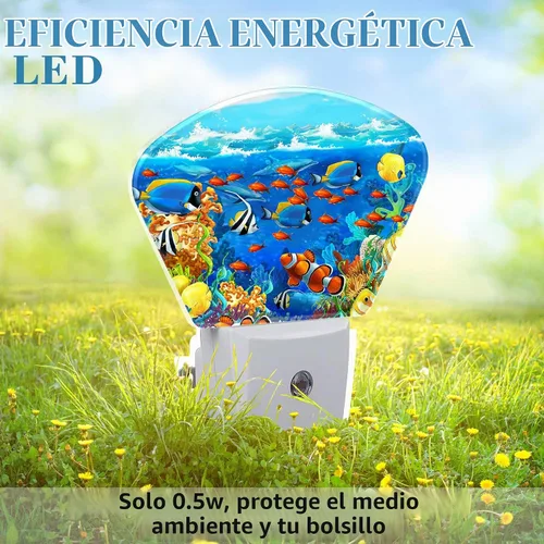 Vista 6 de Luz nocturna submarina de dibujos animados para niños, luz nocturna LED de peces tropicales, enchufable a la pared con sensor de atardecer a