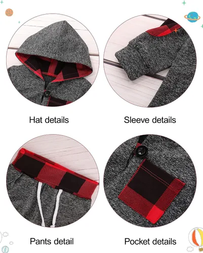 Vista 6 de SANMIO Conjunto de sudadera con capucha para niños y niñas, sudadera clásica a cuadros + pantalones
