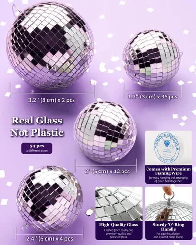 Vista 7 de Youdepot 54 mini bolas de discoteca plateadas, adornos de bola de disco colgantes para decoración de bolas de discoteca, mini bolas de discoteca