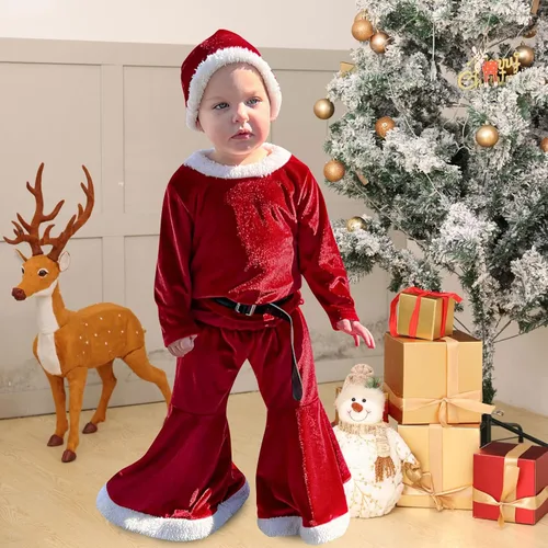 Vista 3 de Goodstoworld Baby Girls Boys 0-5 Years Christmas Outfit Toddler Xmas Santa Costume Long Sleeve Tops with Pants Hat 3 Pcs Set