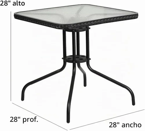 Vista 3 de Muebles Flash de 28 pulgadas tabla de cristal moderada cuadrada del metal con el borde de ratán negro Ribete de ratán negro