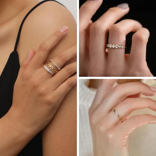 Vista 6 de FUNEIA Anillos apilables de oro para mujer, no se deslustra, a la moda, delicados, chapados en oro de 14 quilates, juego de anillos de pulgar