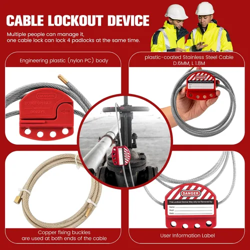 Vista 5 de Bloqueo de cable de etiquetado de bloqueo Cerraduras Loto ajustables de 0.24 '' × 71 '' Cable de acero recubierto de PVC para válvulas y paneles