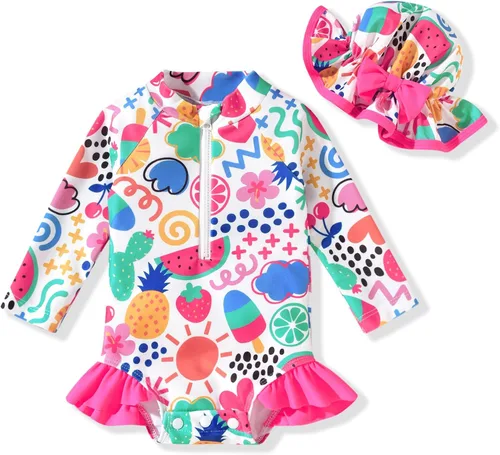 Vista 62 de Aalizzwell Traje de baño de una pieza de manga larga con sombrero para bebé niña
