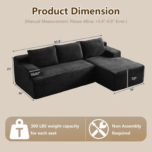 Vista 2 de Sofá modular de 96 pulgadas en forma de L, sofá modular de 3 asientos, sofá modular de pana de espuma viscoelástica sin hueso para sala de estar