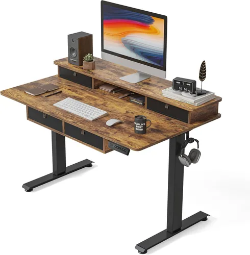 Vista 8 de FEZIBO Escritorio de pie de 48 x 24 pulgadas con altura ajustable, escritorio eléctrico de pie con doble cajón, escritorio de oficina en casa con 4