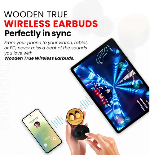 Vista 4 de Symphonized Auriculares inalámbricos de madera con graves profundos, 35 horas de reproducción de sonido 3D. Cancelación de ruido con micrófono.