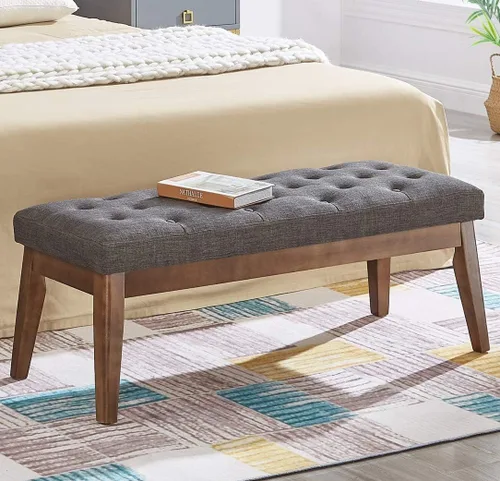 Vista 17 de 24KF Banco de entrada tapizado con botones capitoné de terciopelo con pata de madera maciza, banco de cama otomano con asiento acolchado, 5061N-Negro