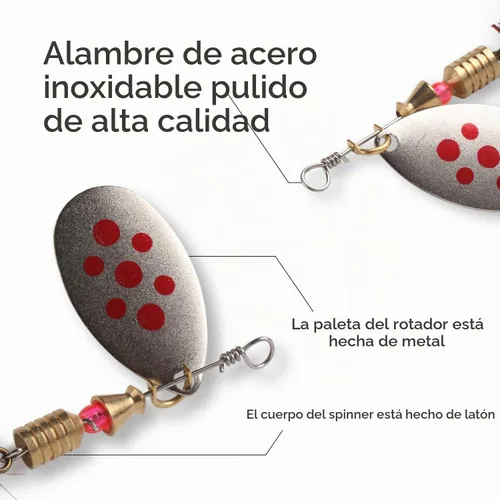 Vista 4 de 10 unidades de Señuelos de pesca Spinnerbait, kit de cebos de metal duro para róbalo, trucha, salmón, con cajas de anzuelos