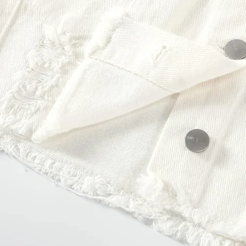 Vista 6 de Kedera Chaqueta de mezclilla desgastada y recortada para mujer, con flecos y dobladillo deshilachado