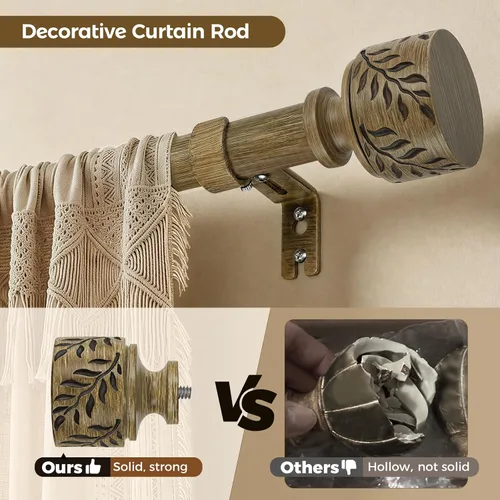 Vista 5 de Barras de cortina de madera boho para ventanas de 32 a 45 pulgadas, barra de cortina ajustable de 1 pulgada con remates de hojas de grano de madera
