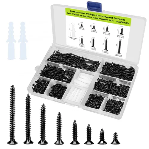 Vista 17 de Kit surtido de tornillos de madera pequeños de cabeza plana #4, 420 piezas, tornillo corto Phillips negro, acero al carbono, montaje de bisagra