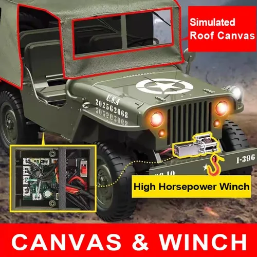 Vista 5 de Camión militar RC Rock Crawler, 1:10 4WD Off-Road Control remoto Jeep militar con cabrestante, lona y 2 baterías, vehículo de escalada militar todo