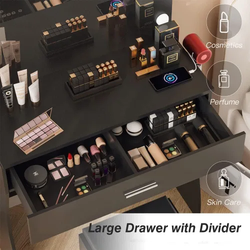 Vista 2 de Juego de mesa de tocador con espejo iluminado, tocador de maquillaje con estación de carga, cajón grande de madera resistente con luces, 3 modos