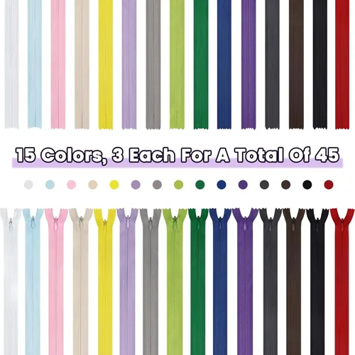 Vista 2 de DOITEM - Cremalleras invisibles para costura, 45 unidades de 10 pulgadas, cremalleras invisibles de nailon multicolor para coser y manualidades, 15