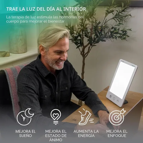 Vista 2 de Verilux HappyLight Luxe - Lámpara de terapia de luz con 10,000 Lux, sin UV, luz blanca brillante LED con brillo ajustable, color, temporizador