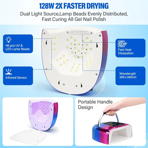 Vista 5 de Lámpara de uñas LED UV, inalámbrica, luz UV recargable portátil de 128 W para uñas de gel, secadora de luz de gel profesional con sensor automático