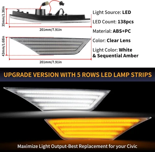 Vista 7 de Gempro Switchback - Luces LED laterales de repuesto secuenciales para Honda Civic 2016-2021, color blanco y ámbar dinámico para parachoques Lente