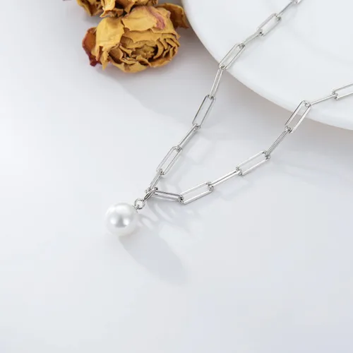 Vista 6 de Collar con clip de papel, colgante de perlas extraíbles, cadena de eslabones gruesos, plata de ley, collar de doble propósito, joyería de moda