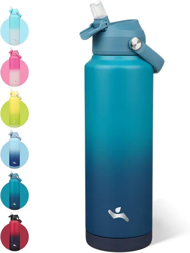 Vista 40 de Konokyo - Botella de agua deportiva aislada de acero inoxidable de 18 onzas con tapa con popote Black; BPA-free, leak-proof sports bottle with