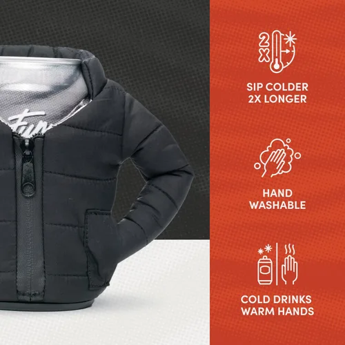 Vista 5 de Puffin - The Puffy Jacket - Enfriador de latas aislado de 12 oz I Botella de cerveza y soda aislante, mantiene las bebidas y bebidas frías - Negro