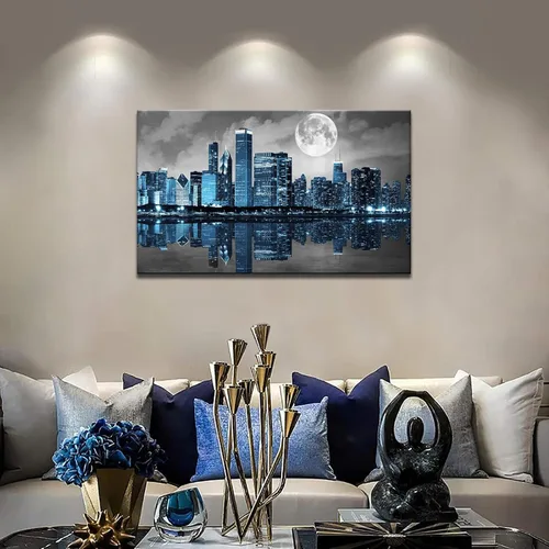 Vista 2 de Biuteawal Arte de pared negro blanco y azul de la ciudad, cuadros de Chicago, decoración de imágenes de luna, noche, paisaje urbano, horizonte
