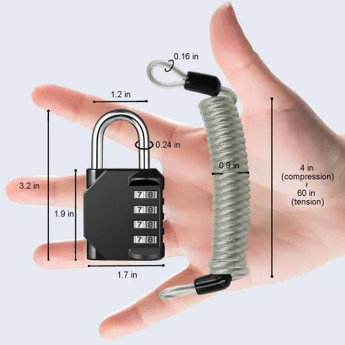 Vista 2 de Candado de combinación de 4 dígitos impermeable para exteriores con cable de acero para casillero de gimnasio, casco, puerta, valla, equipaje