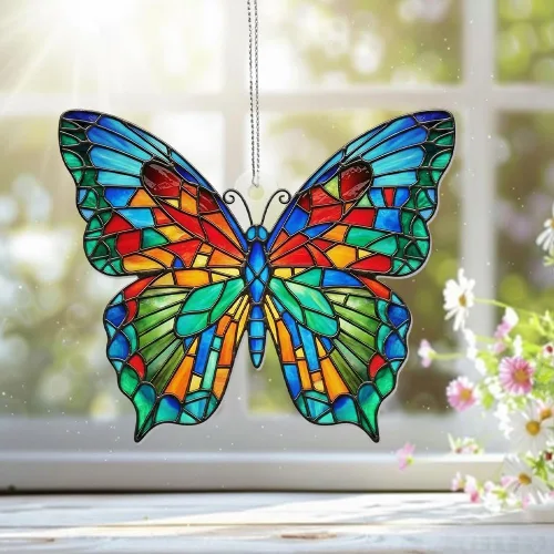 Vista 6 de Adorno de Navidad acrílico de mariposa con efecto vitral, atrapasoles colgante de ventana para familiares y amigos, decoraciones de Navidad, regalo