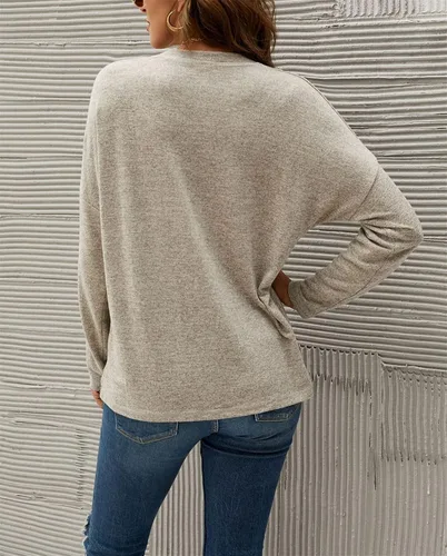 Vista 5 de Camisetas de manga larga con cuello en V para mujer, ajuste holgado, manga murciélago, básicas, a la moda, casual, suéter sin botones