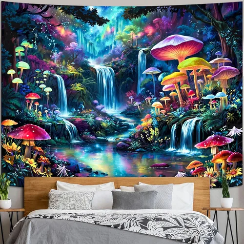 Vista 24 de Zussun Tapiz de hongo rojo, tapices de luna y estrella para dormitorio, estética de color beige, noche estrellada, planta verde, tapiz de pared