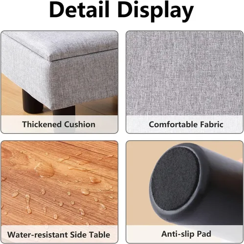Vista 4 de Cpintltr Taburete de lino pequeño otomano rectangular para pies tapizado con patas de madera maciza, taburetes decorativos modernos, color gris