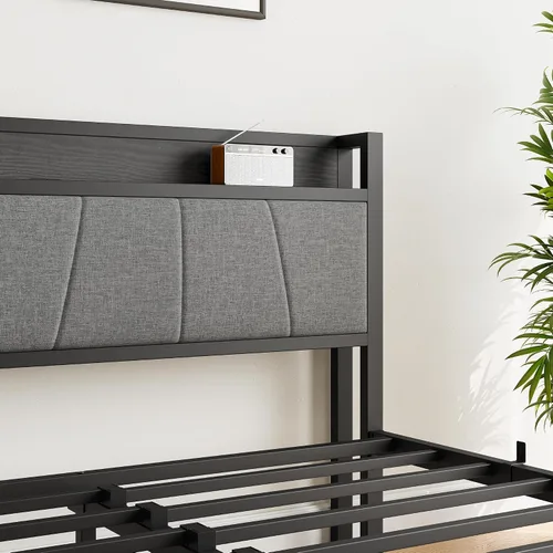 Vista 6 de BOFENG Base de cama Queen con cabecero, base de cama tapizada de metal con estación de carga, marco de cama tamaño Queen con almacenamiento,