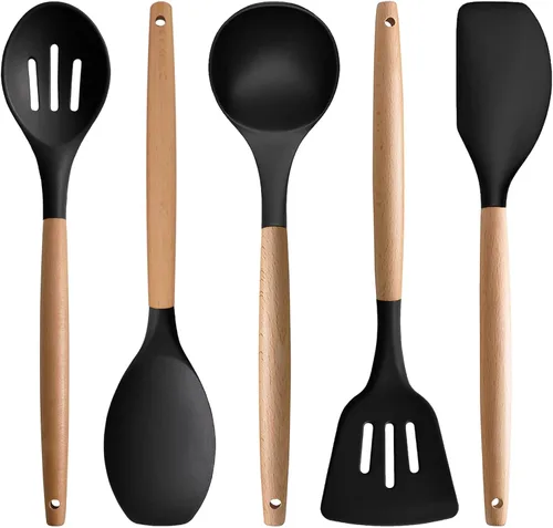Vista 11 de Juego de 4 utensilios de cocina de silicona, juego de utensilios de cocina grandes antiadherentes con mango de madera, grado alimenticio, resistente