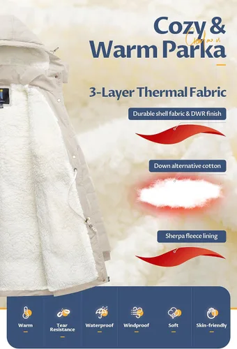 Vista 3 de CREATMO US Abrigo de invierno de sherpa grueso para mujer, chaqueta de nieve cálida con capucha extraíble