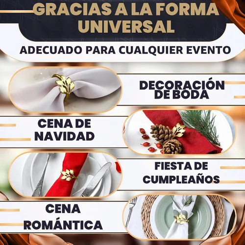 Vista 4 de 20 servilleteros dorados con diseño de hojas, diámetro interior de 1.38 pulgadas