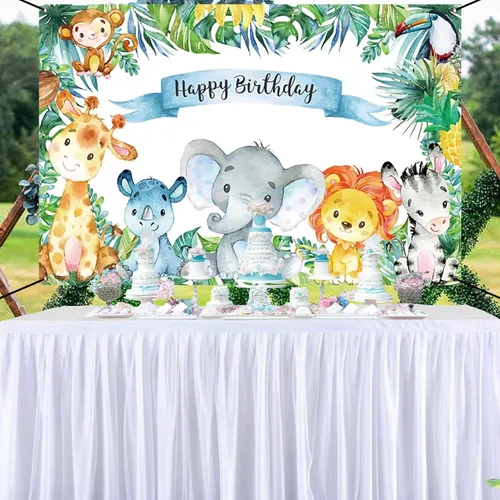 Vista 6 de Renaiss Cartel de feliz cumpleaños de 6 x 3.6 pies, decoración de fiesta infantil de animales salvajes de safari, selva tropical, decoración