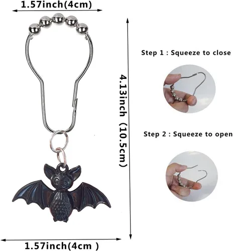 Vista 3 de Ganchos de cortina de ducha de murciélago, 12 piezas de murciélagos de Halloween inoxidables de metal para barras de ducha de baño, decoración
