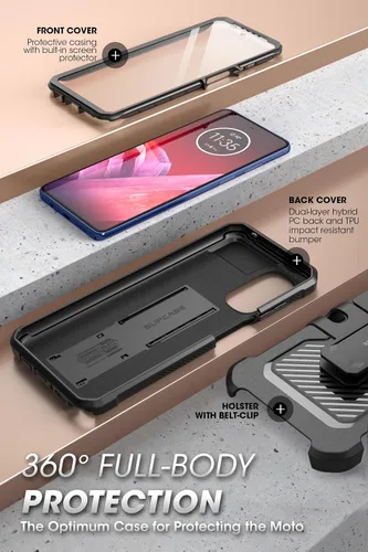 Vista 4 de SUPCASE - Funda para Moto G Stylus 5G (2022) con protector de pantalla y soporte, color negro Built-in Kickstand, 360° Rotating Belt Clip, Heavy