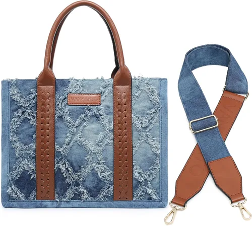 Vista 2 de VANSARTO Bolso de mano de mezclilla para mujer, con asa superior, estilo azteca, estilo bohemio, con correa para la muñeca