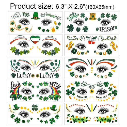 Vista 2 de HOWAF 10 hojas de calcomanías para tatuajes faciales del día de San Patricio, trébol de trébol, calcomanías de maquillaje facial, tatuajes de ojos