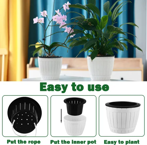 Vista 4 de Planterhoma Paquete de 3 macetas de riego automático para plantas de interior, macetas de plástico de 7.1 pulgadas, color blanco