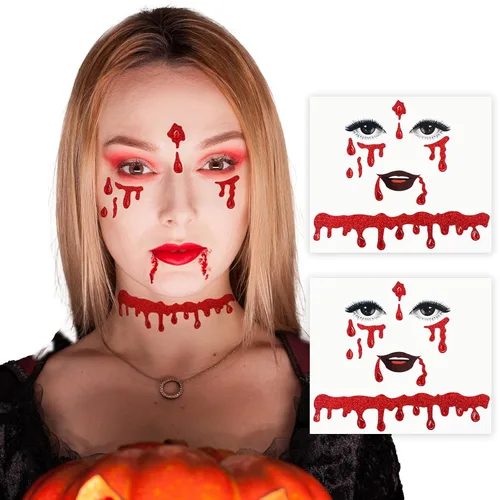 Vista 4 de Joyas de cara de vampiro, gemas para la cara, joya de Halloween, disfraz de sangre de cristal, gemas de cara sangrante, tatuaje de cicatriz, tatuaje