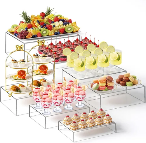 Vista 18 de Leinuosen Juego de 7 Elevadores Grandes para Buffet de 6" a 12" Caja de Exhibición de Acrílico Elevador de Mesa de Postres para Catering Soporte