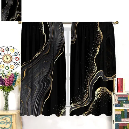 Vista 38 de Cortinas Negras con Dobladillo Dorado, Cortinas Opacas con Bolsillo para Barra con Estampado de Rayas de Foil en Onda Dorada para Decoración de Negro