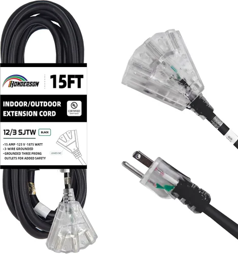 Vista 44 de Cable de extensión GFCI iluminado de 3 pies con 3 tomas de corriente, cable de extensión negro resistente SJTW 12/3 con enchufe a tierra de 3