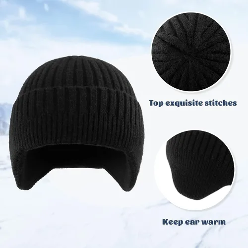 Vista 2 de POXIMI Gorro de punto para hombre, con orejera, para invierno, de lana, cálido, con calavera, con calentador de orejas