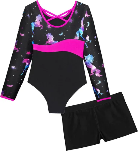 Vista 6 de Choomomo Conjunto de leotardo de manga larga con pantalones cortos para gimnasia baile de ballet