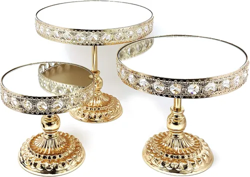 Vista 6 de allgala Juego de 3 piezas de soporte para pasteles de cristal chapado en oro para queso, postres, magdalenas con placa de espejo - Gold