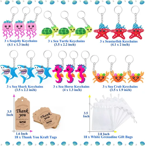 Vista 2 de CiciBear Paquete de 54 regalos de regreso de fiesta del mundo marino con llaveros de criaturas marinas y etiquetas de agradecimiento para cumpleaños
