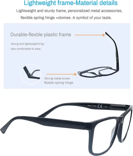 Vista 4 de Gafas de lectura negras mate para hombre, grandes y grandes, grandes y anchas, +0.50, con aumento ligero, cabeza grande, cara grande